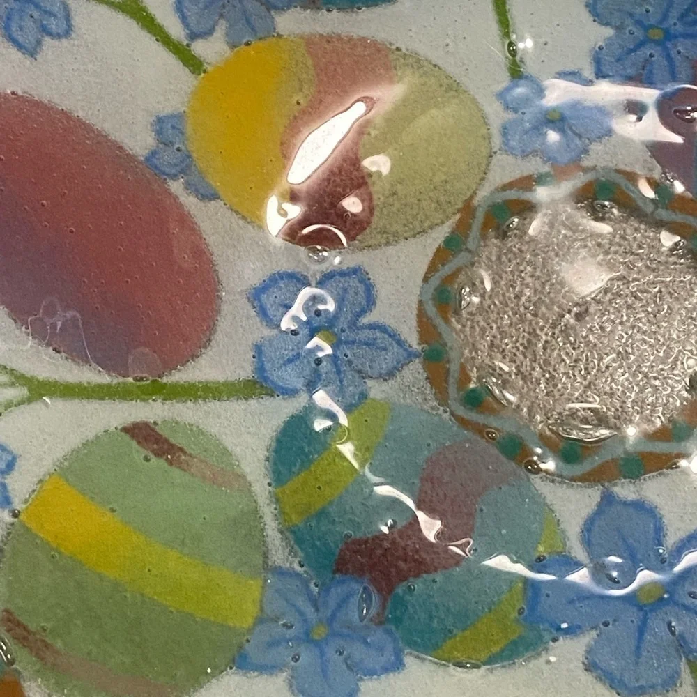 Peggy Karr Easter Egg Fused Art Glass Bowl Colorful Eater Eggs Blue Pink Green